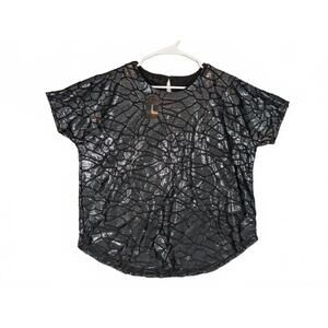 Alfani Metallic Crackle Print Short Sleeve Blouse Top Gunmetal Womens Medium